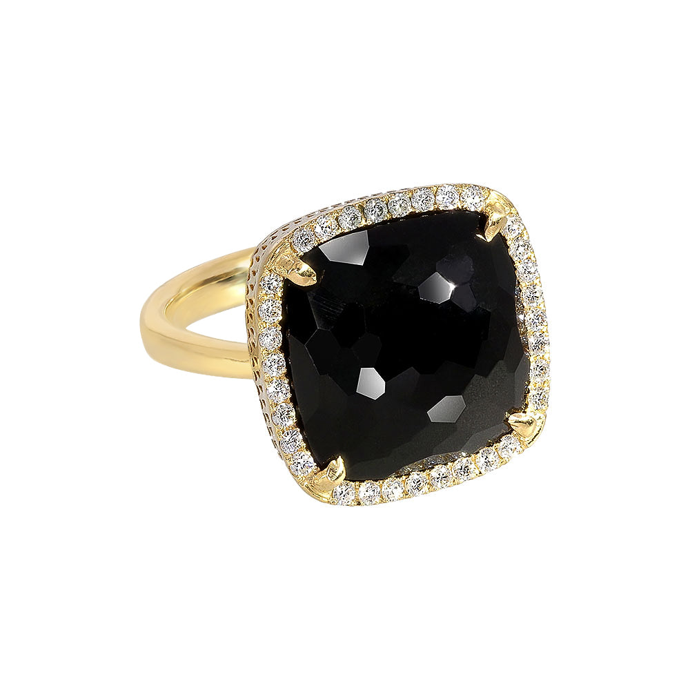 Inel cu diamante, pandantiv patrat, aur galben 18K, piatra Onix
