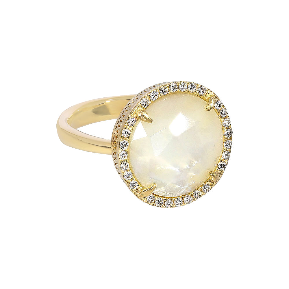 Inel cu diamante, pandantiv cerc, aur galben 18K, piatra Madre Perla