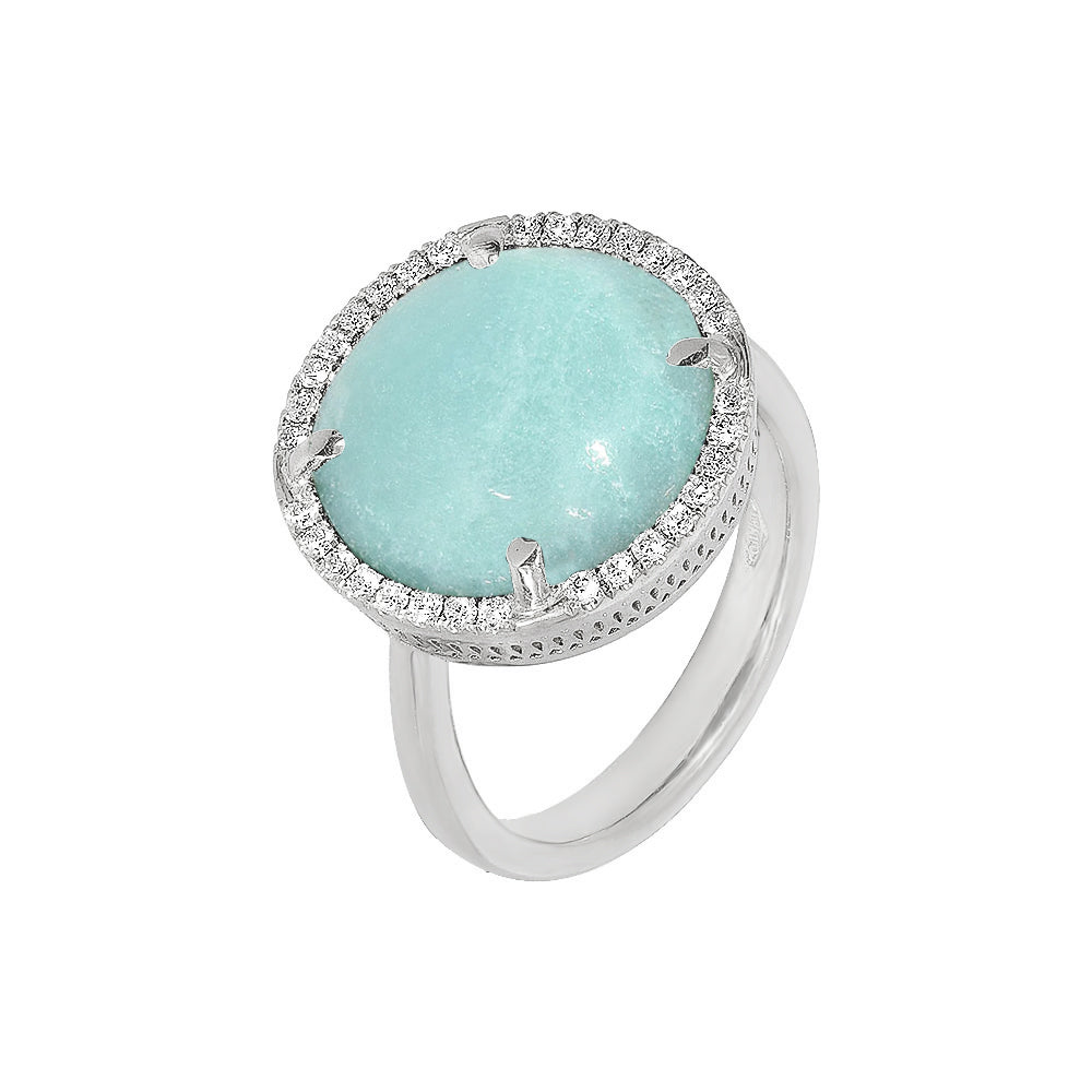 Inel cu diamante, pandantiv cerc, aur alb 18K, piatra Amazonite