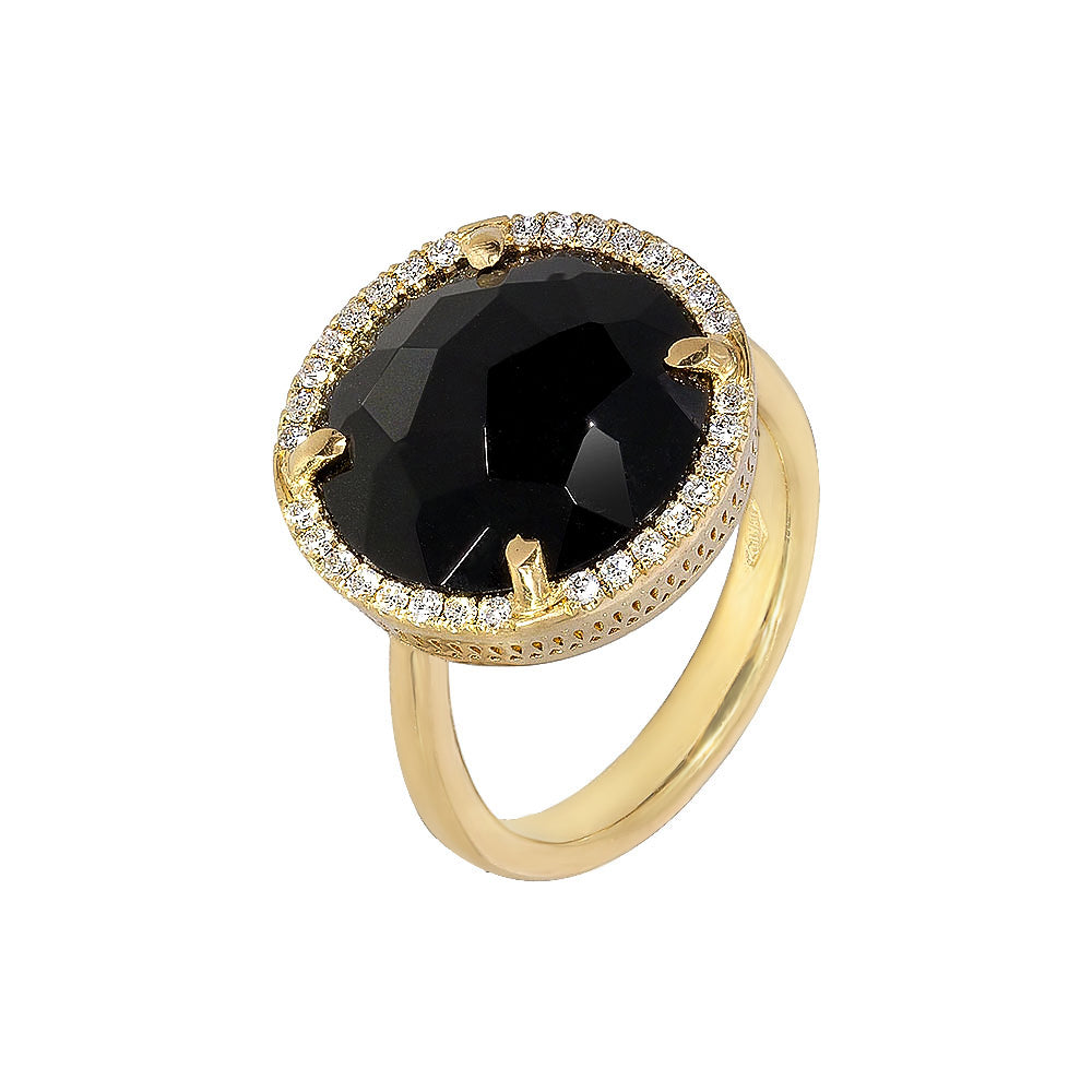 Inel cu diamante, pandantiv cerc, aur galben 18K, piatra Onix