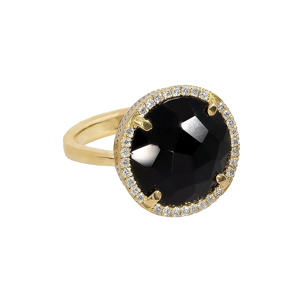 Inel cu diamante, pandantiv cerc, aur galben 18K, piatra Onix