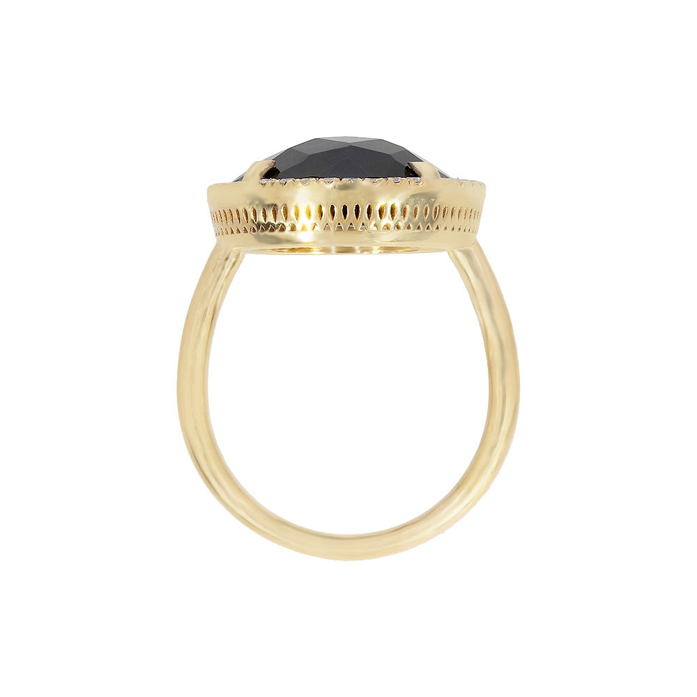 Inel cu diamante, pandantiv cerc, aur galben 18K, piatra Onix