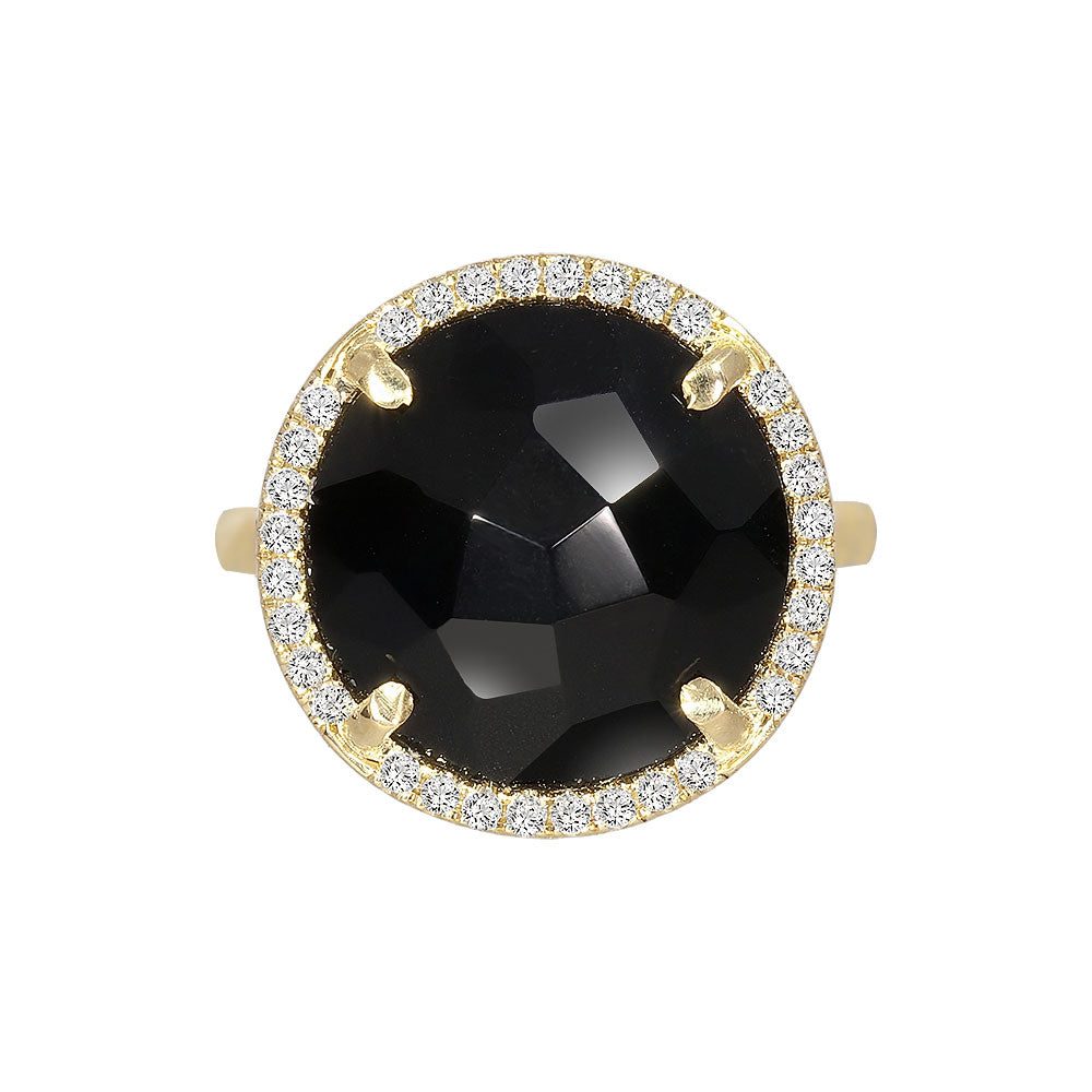 Inel cu diamante, pandantiv cerc, aur galben 18K, piatra Onix