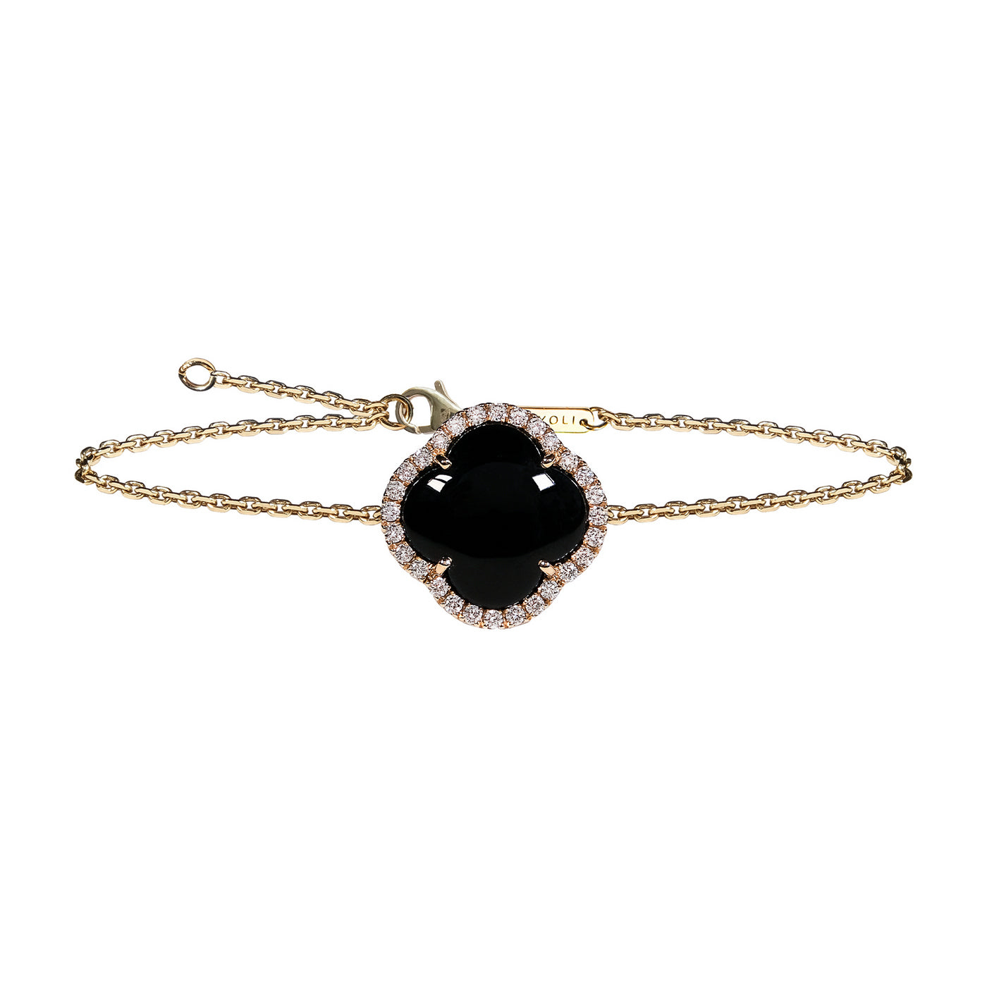 Bratara cu diamante, pandantiv cruce, aur galben 18K, piatra Onix