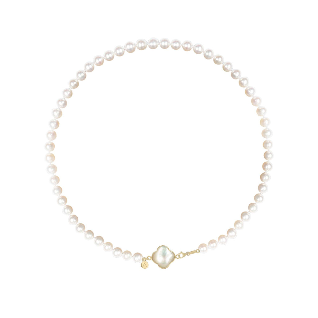 Colier scurt cu perle naturale, aur galben 14 K, pandantiv cruce, aur galben 9 K, piatra Madre Perla
