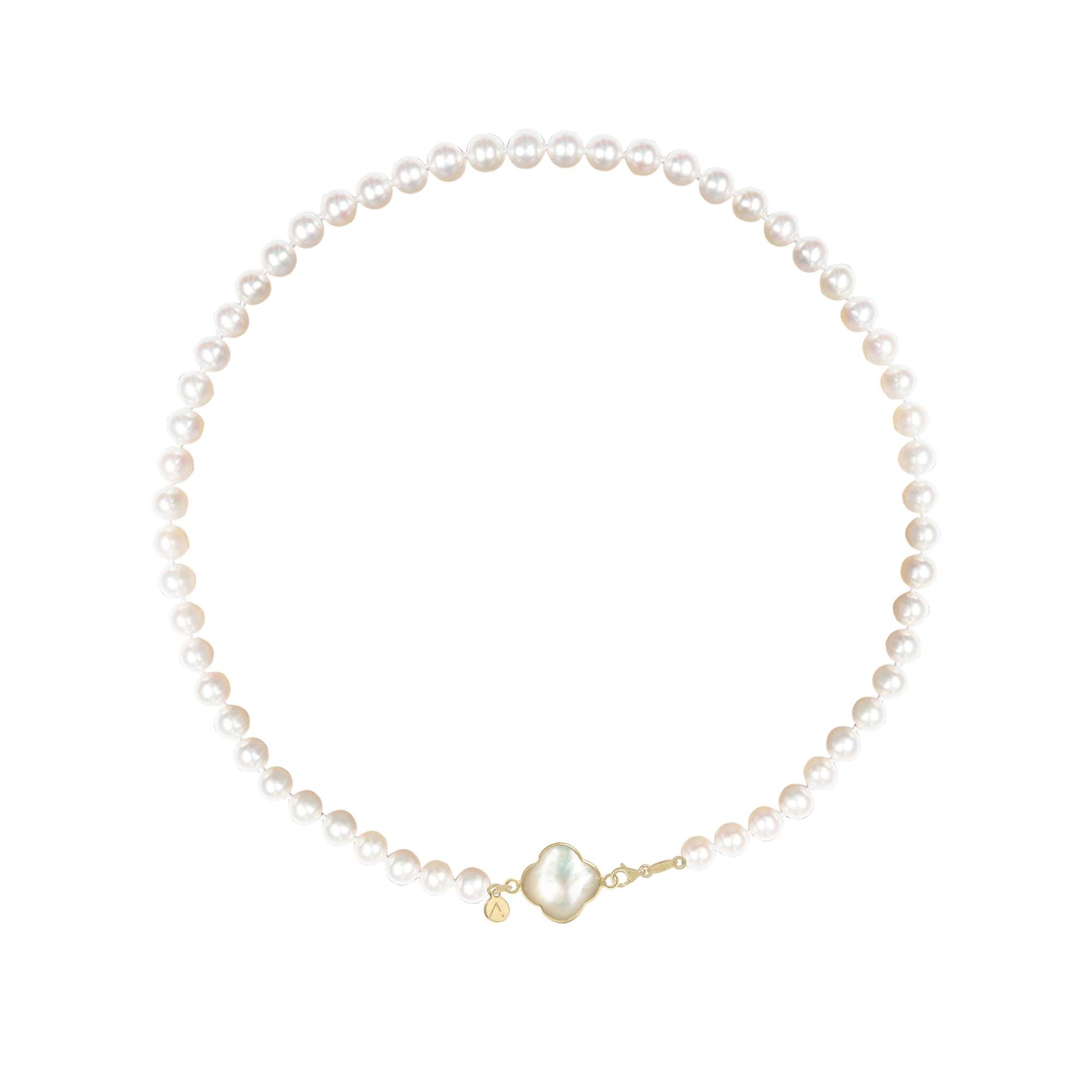 Colier scurt cu perle naturale, aur galben 14 K, pandantiv cruce, aur galben 9 K, piatra Madre Perla