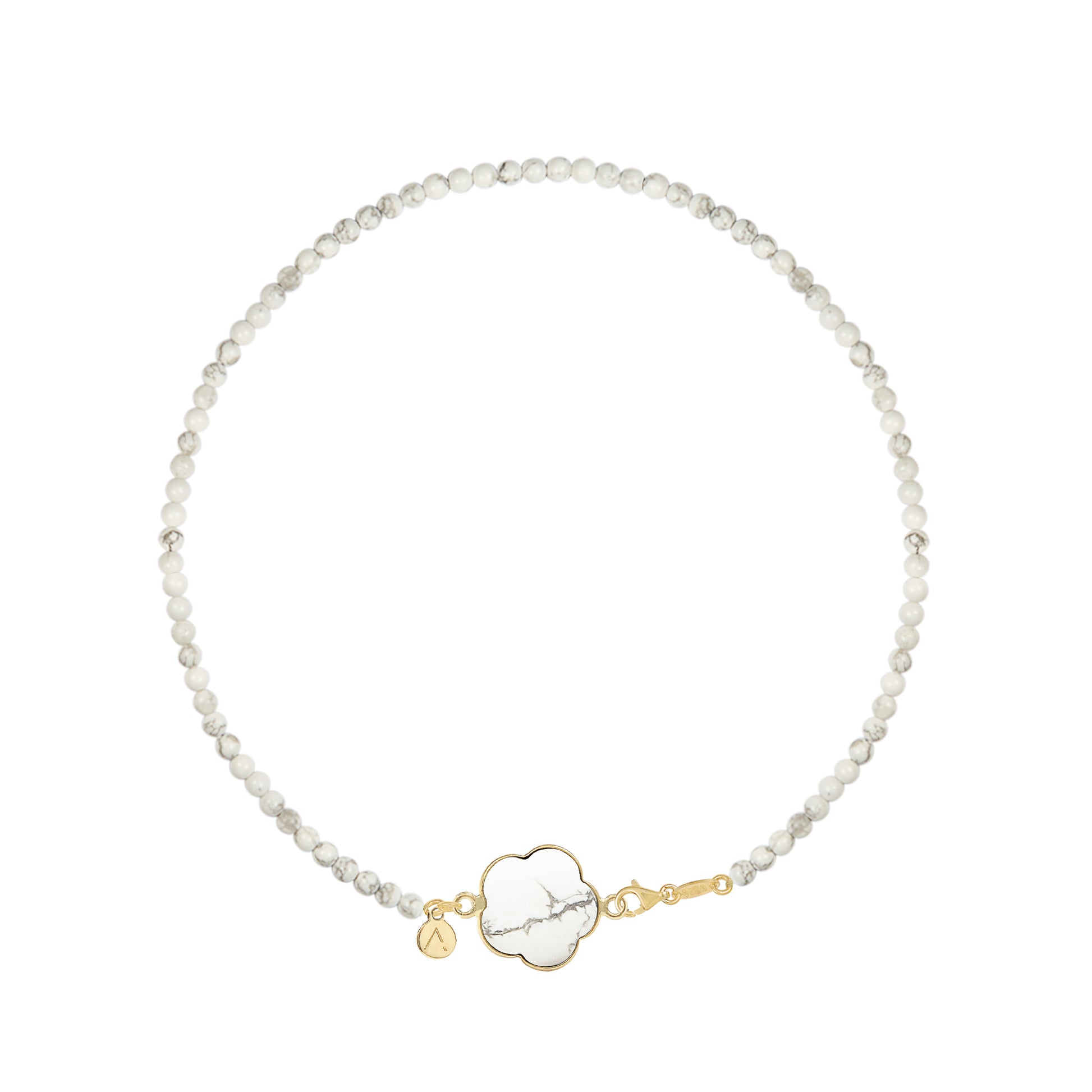 Colier scurt cu pietre naturale, pandantiv floare detasabil, aur galben 9 K, pietre Howlite