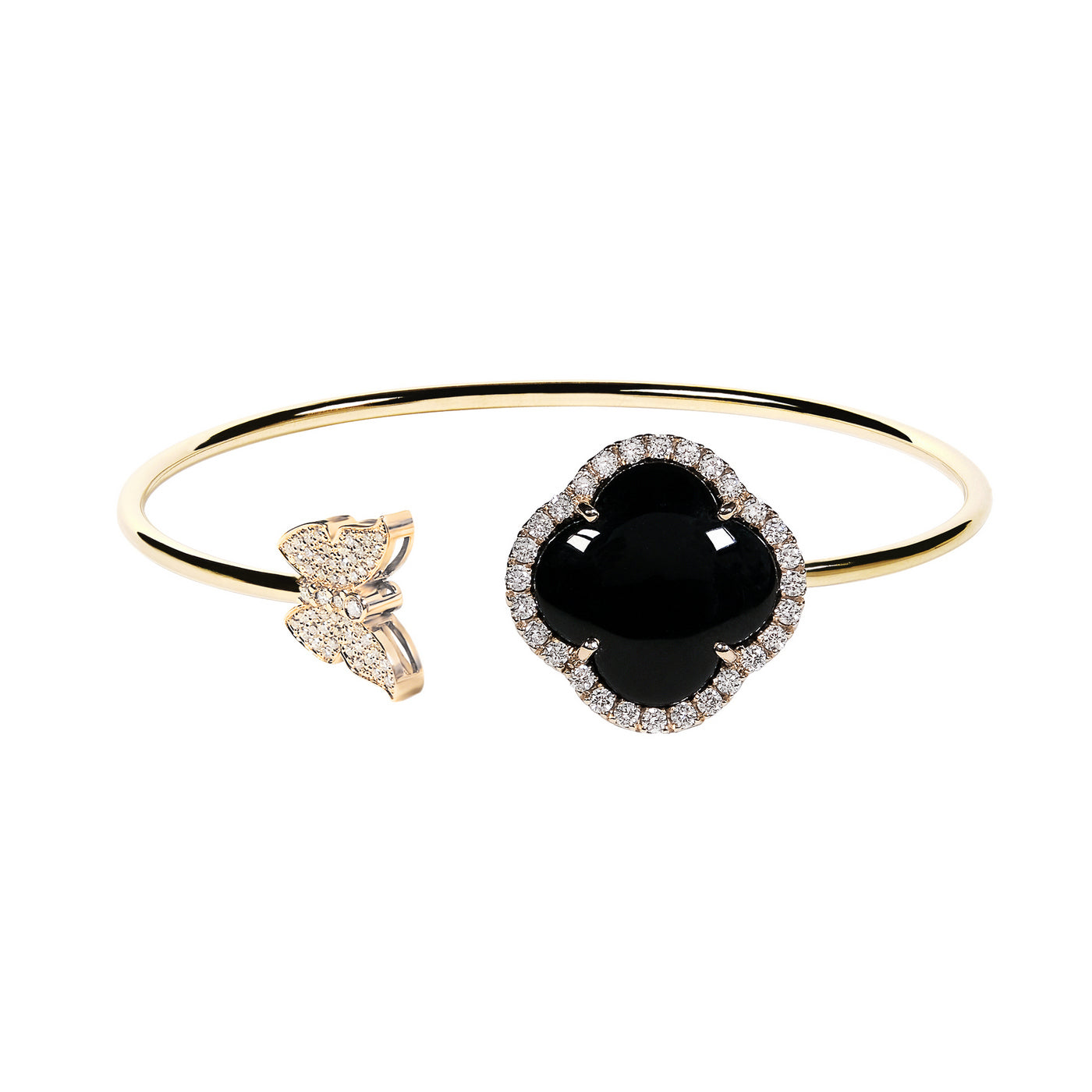 Bratara flexibila cu diamant, pandantiv floare, aur galben 18K, piatra Onix