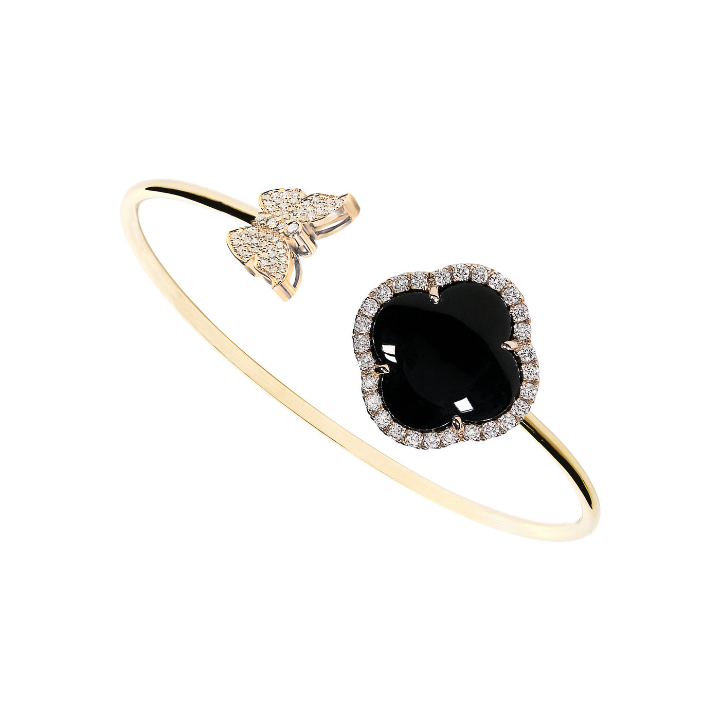 Bratara flexibila cu diamant, pandantiv floare, aur galben 18K, piatra Onix