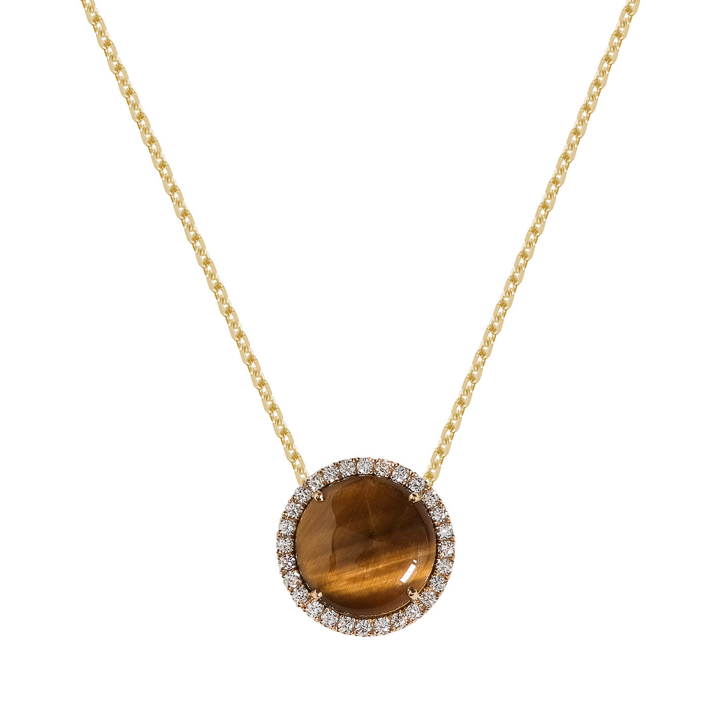 Lantisor cu diamante, pandantiv cerc, aur galben 18K, piatra Ochi de Tigru