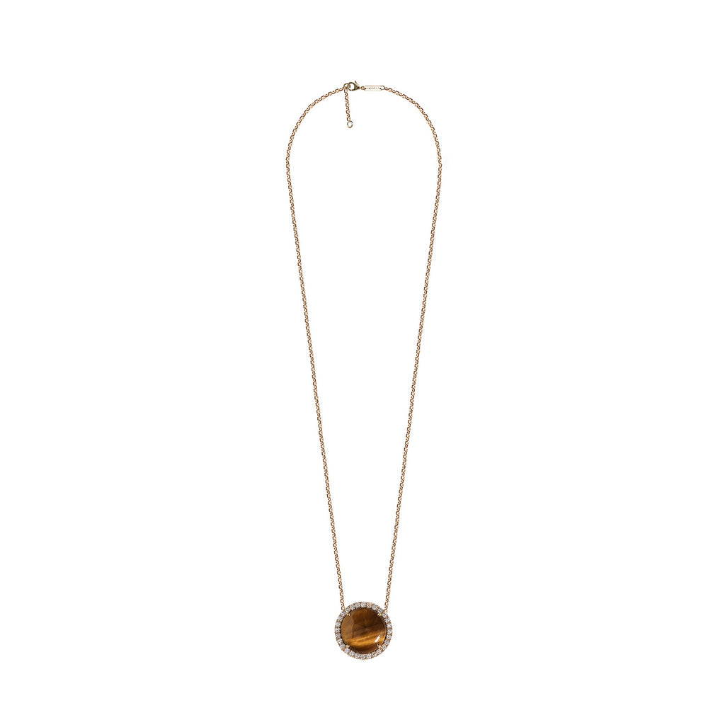 Lantisor cu diamante, pandantiv cerc, aur galben 18K, piatra Ochi de Tigru