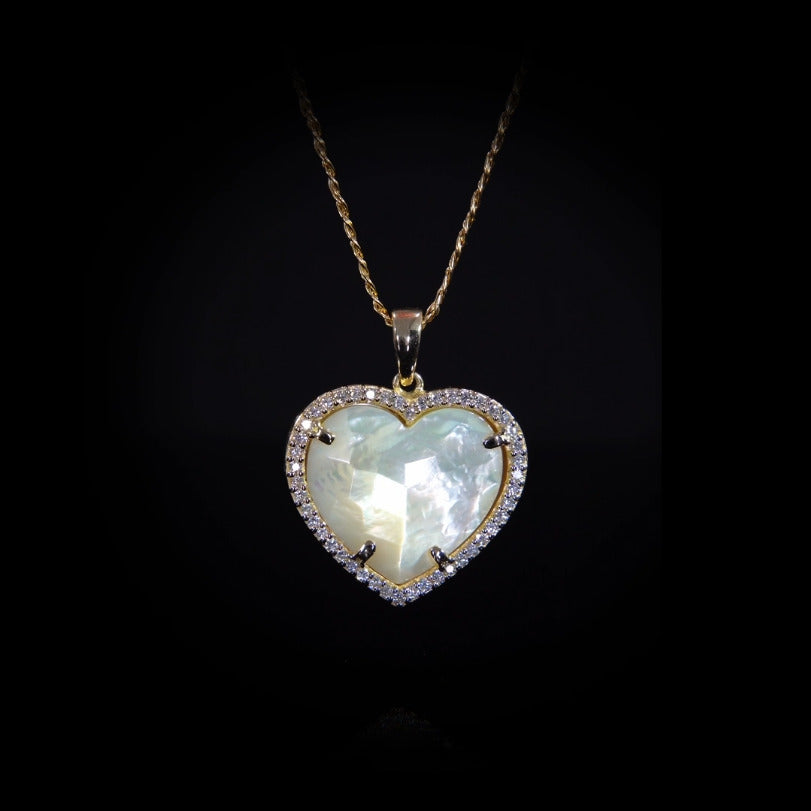 Lantisor cu diamante, pandantiv inima, aur galben 14K, piatra Madre Perla